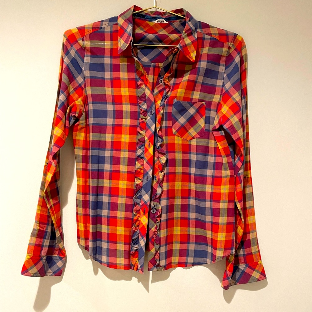 Euc Fossil Ruffle Accent Sheet Plaid Button Down … - image 1
